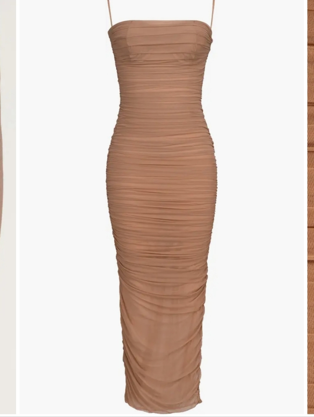 House of CB Nude Tan Strapless Ruched Maxi Dress.